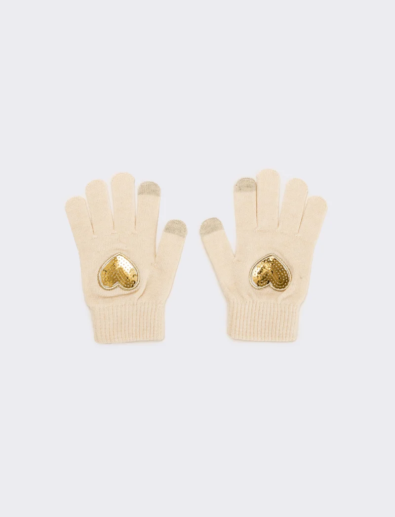 Guanti bambina con cuore paillettes - Bianco sporco
