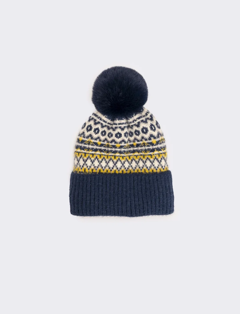 Cappello jacquard con pon pon - Blu