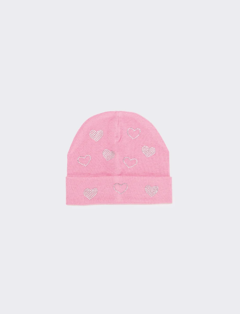 Cappello con risvolto cuori strass in vetro - Rosa
