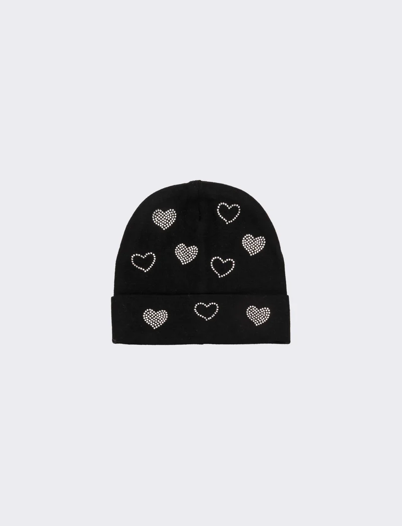 Cappello con risvolto cuori strass in vetro - Nero