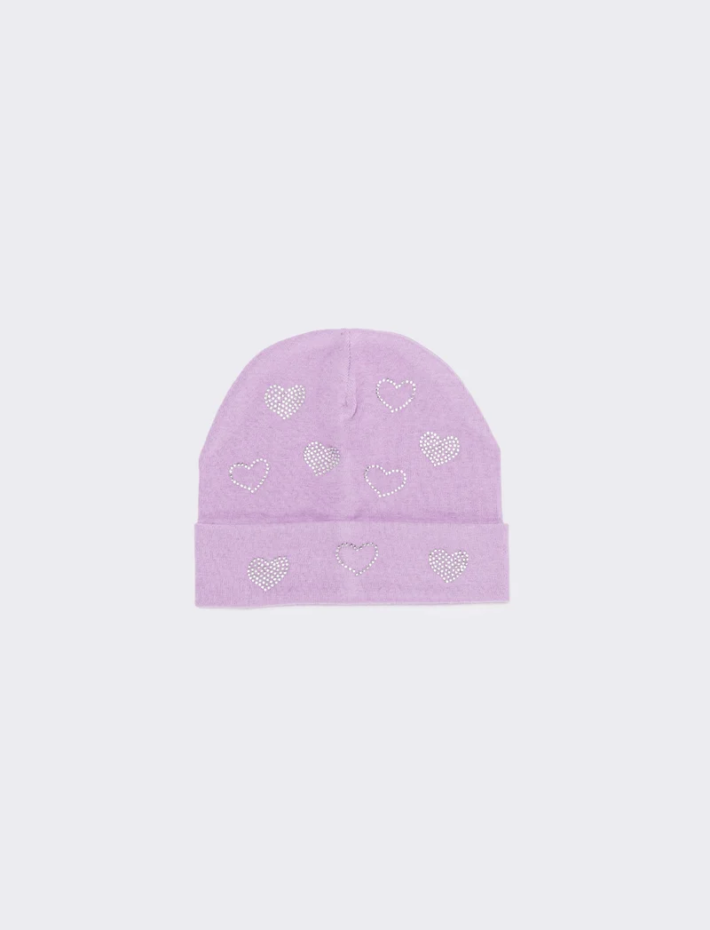 Cappello con risvolto cuori strass in vetro - Lilla