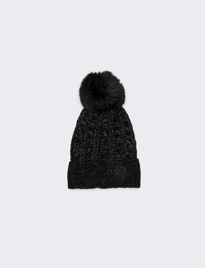Cappello in lurex con pon pon - Nero