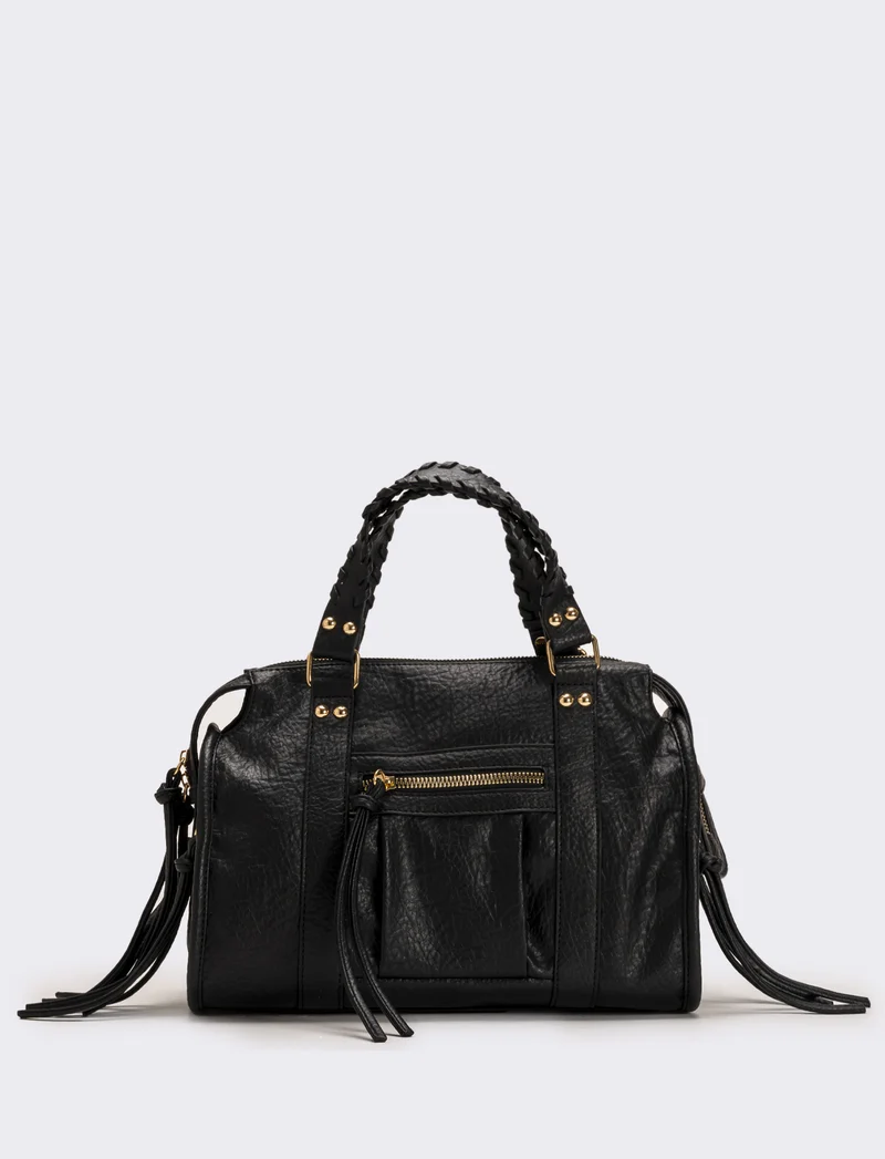 Bauletto con manici intrecciati e tirazip lunghi - Nero