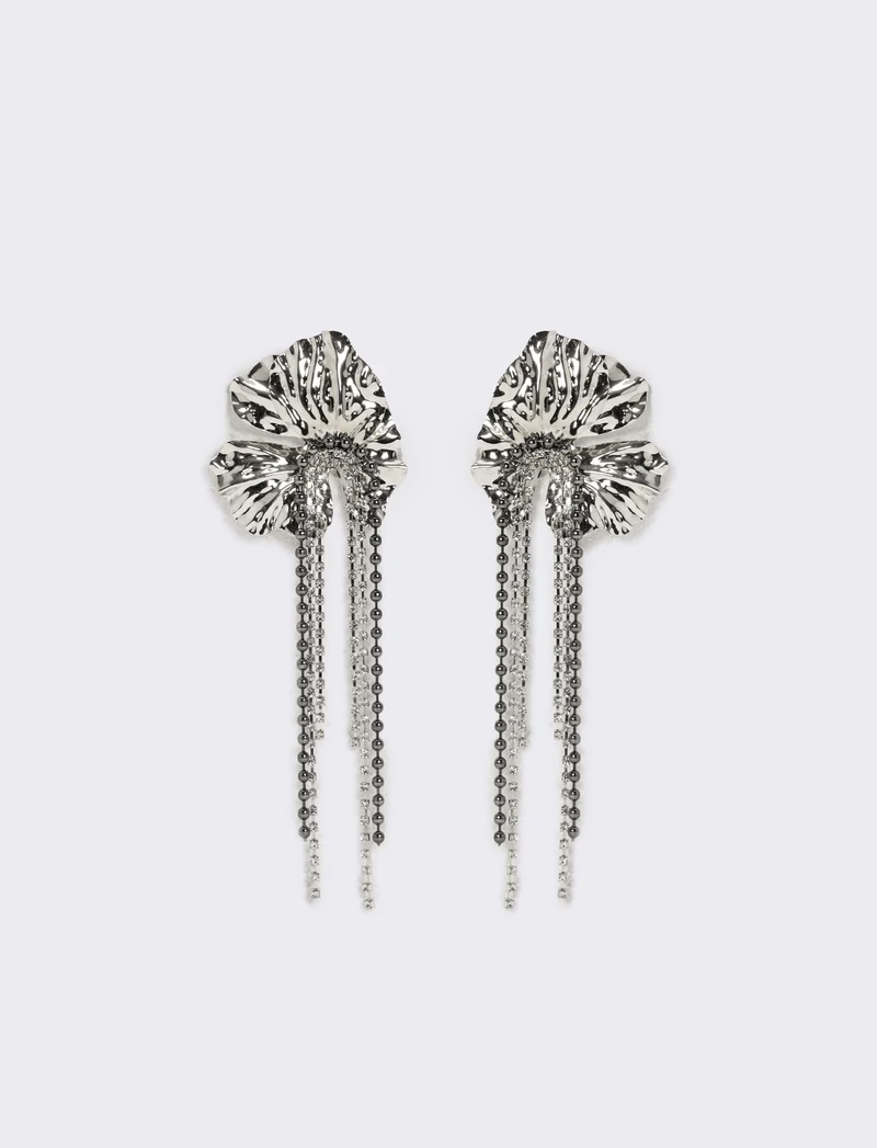 Orecchini fiori grandi con fili strass - Argento