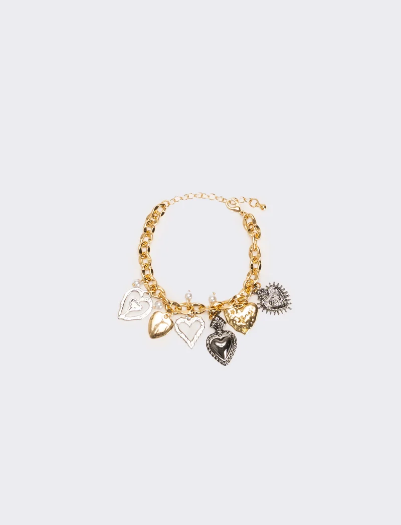 Bracciale con cuoricini strass e perline - Multicolore