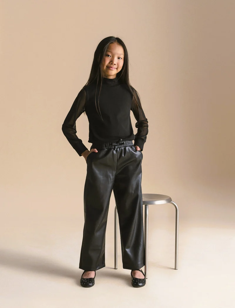 Pantalone in finta pelle wide leg. - Nero