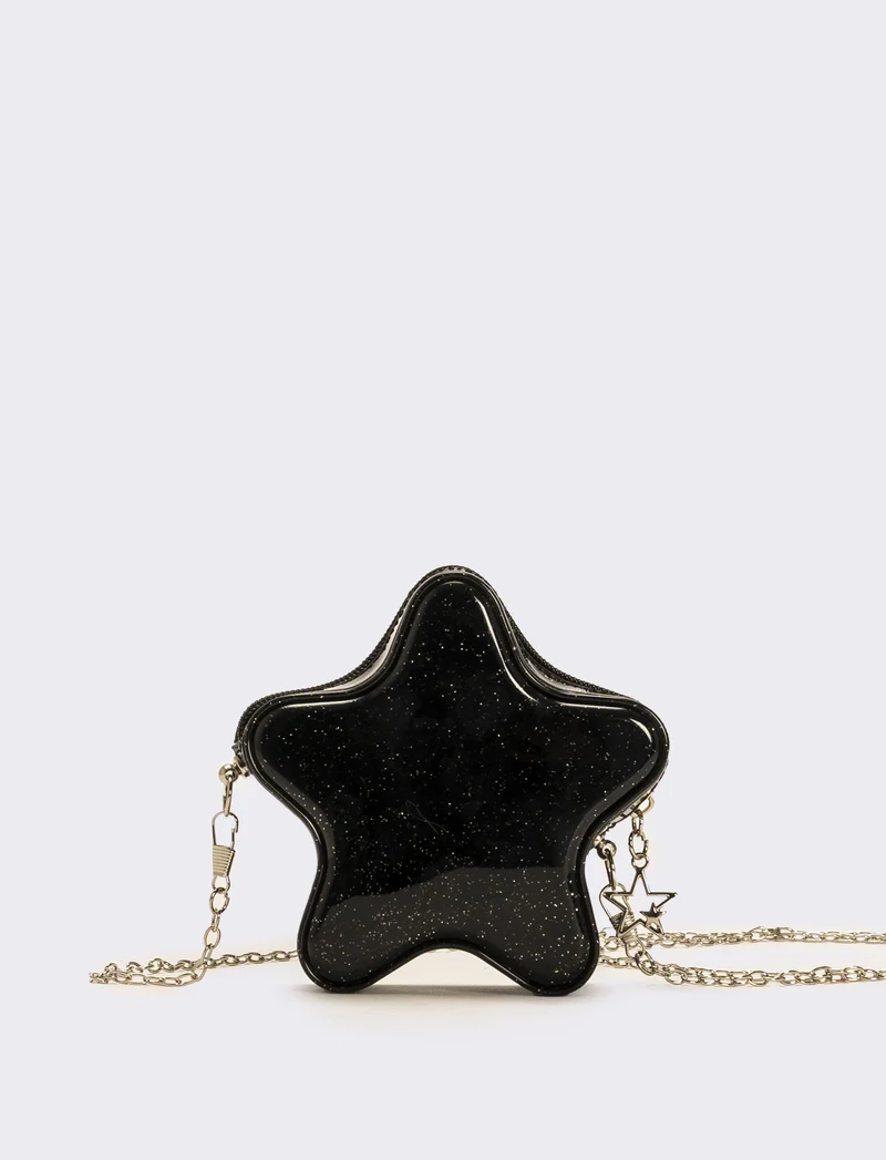 Borsa bambina gommata stella glitter con tracolla - Nero