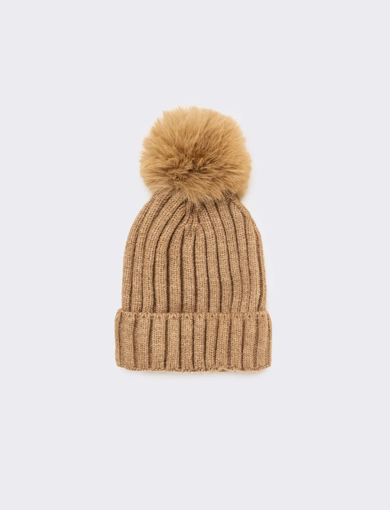 Cuffia neonato con pon pon a coste - Beige