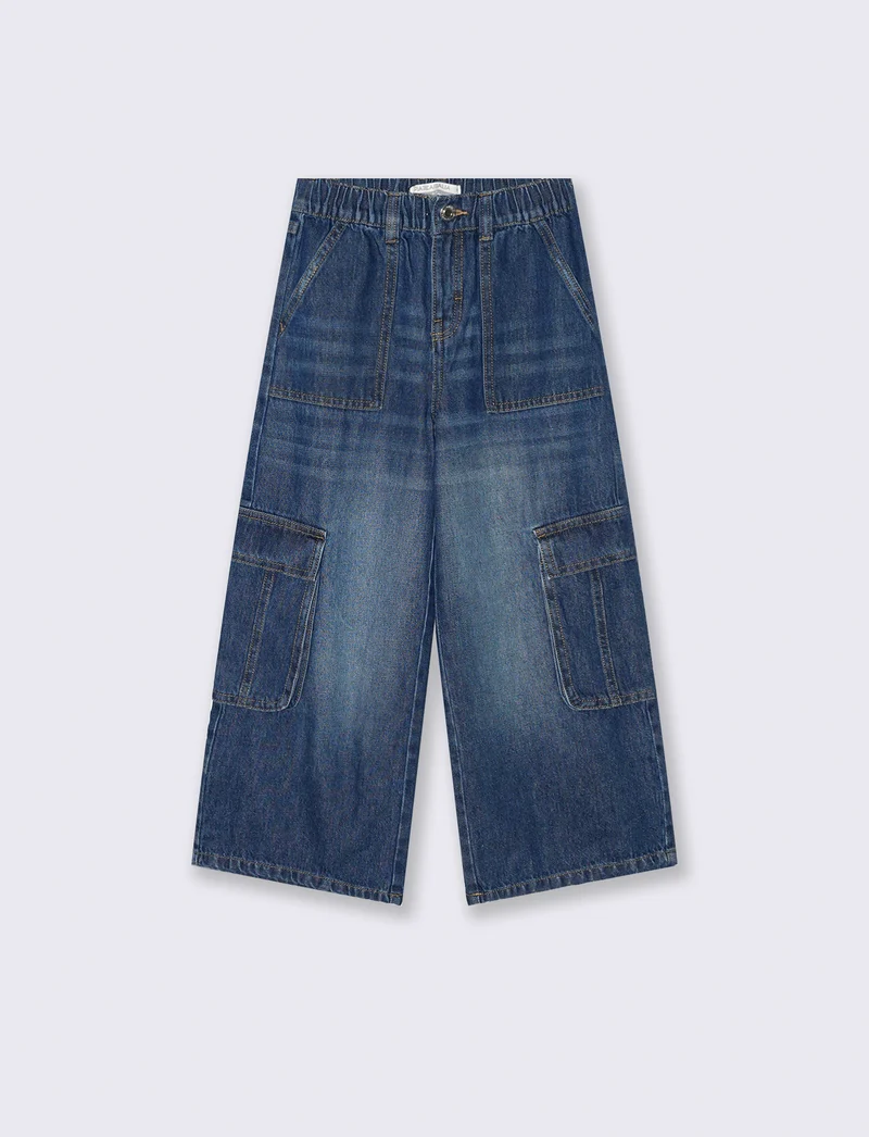 Denim cargo gamba larga da bambina. - DENIM SCURO