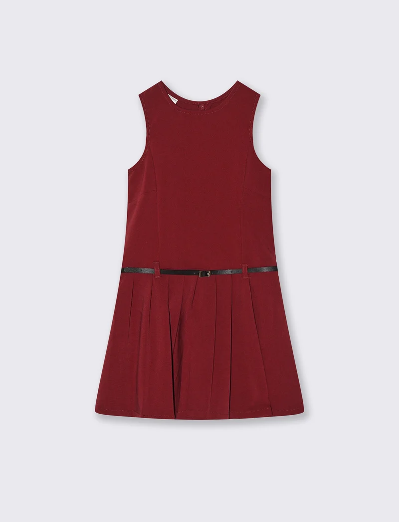 Vestito da bambina giromanica con gonna a pieghe e cintura. - Bordeaux