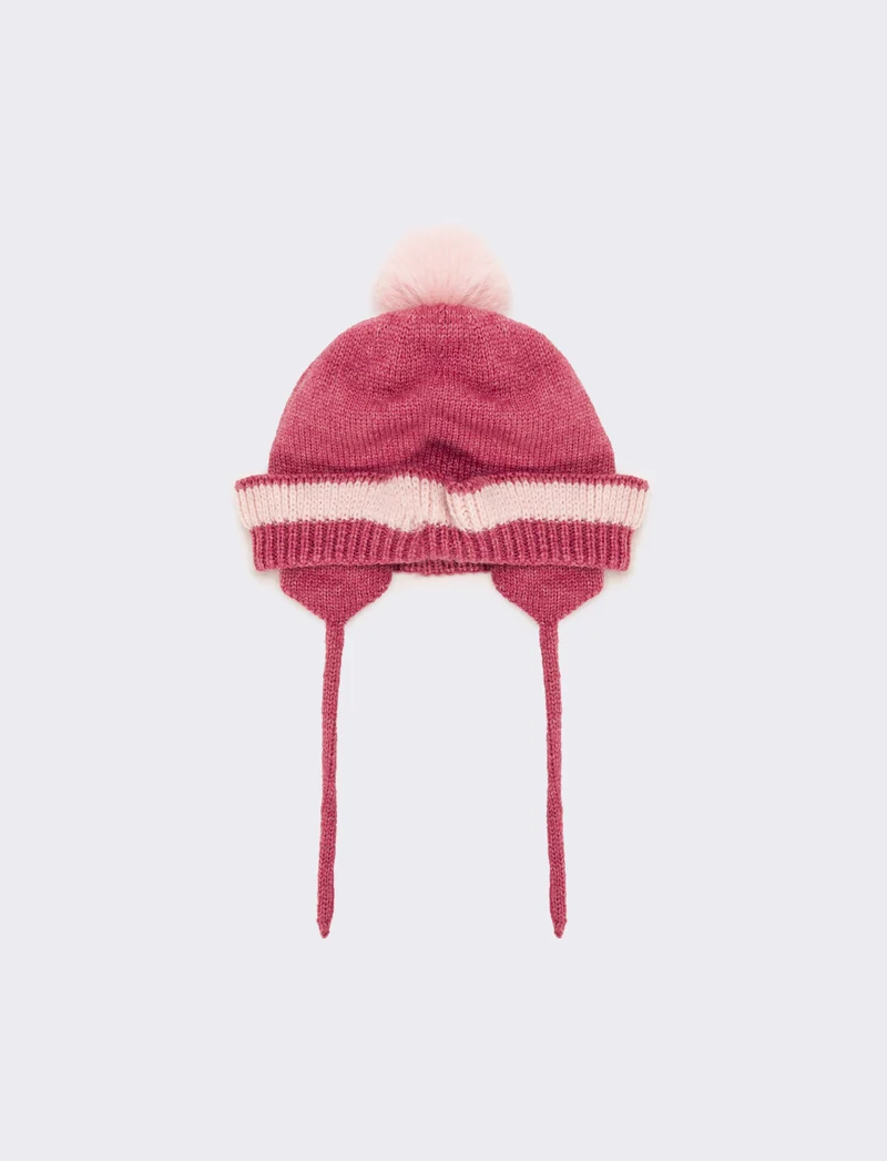 Cappello neonata con pon pon e laccetti - Fuxia