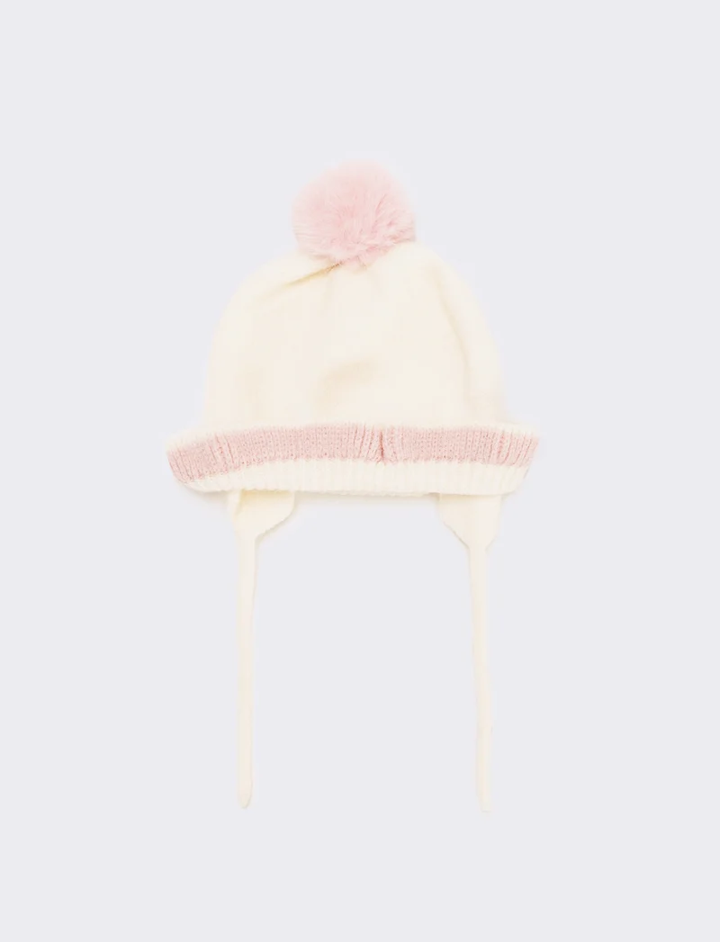 Cappello neonata con pon pon e laccetti - Bianco sporco