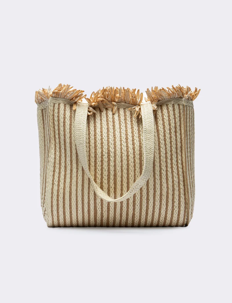 Shopping grande in carta con frange - Bianco natural