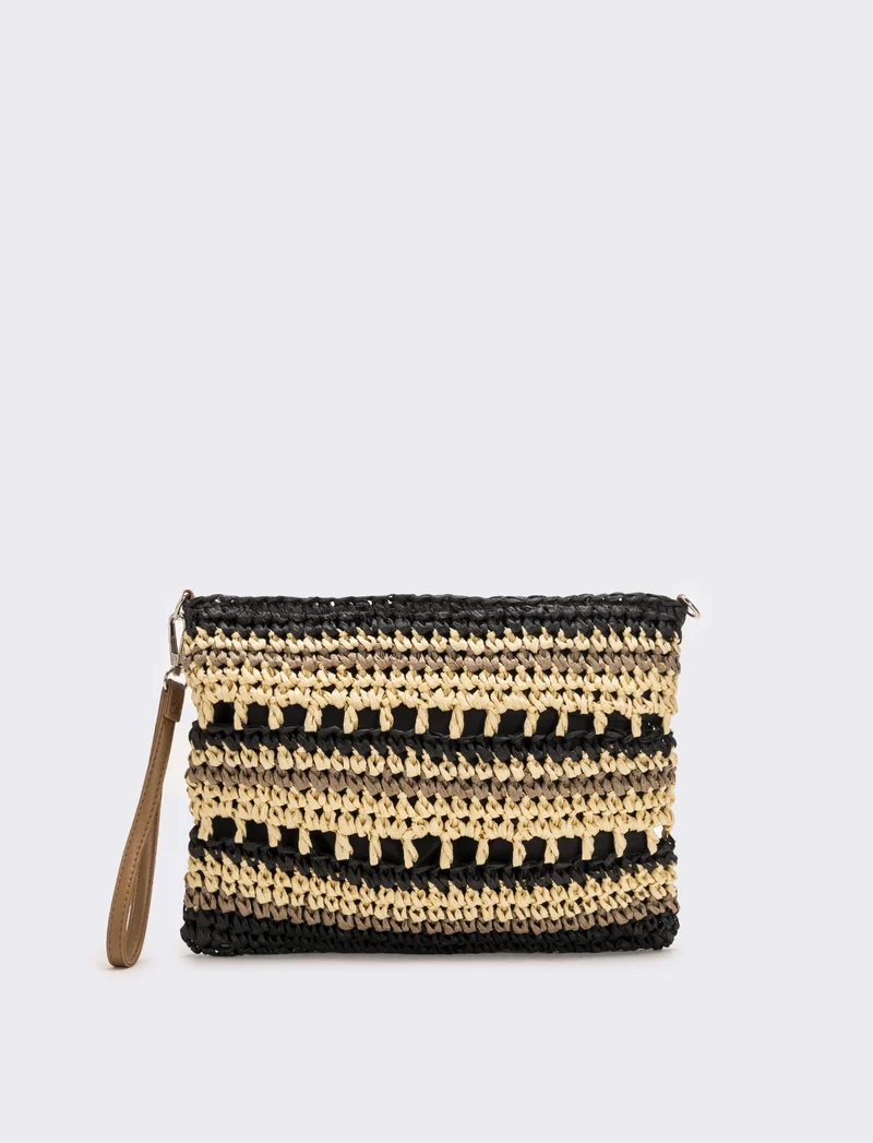 Tracolla donna in raffia righe - Nero