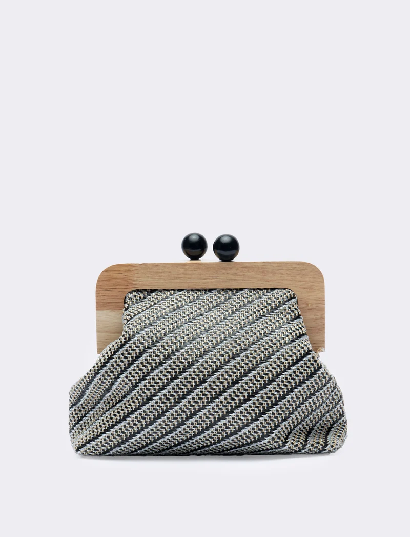 Pochette donna con chiusura in legno e tracolla - Nero