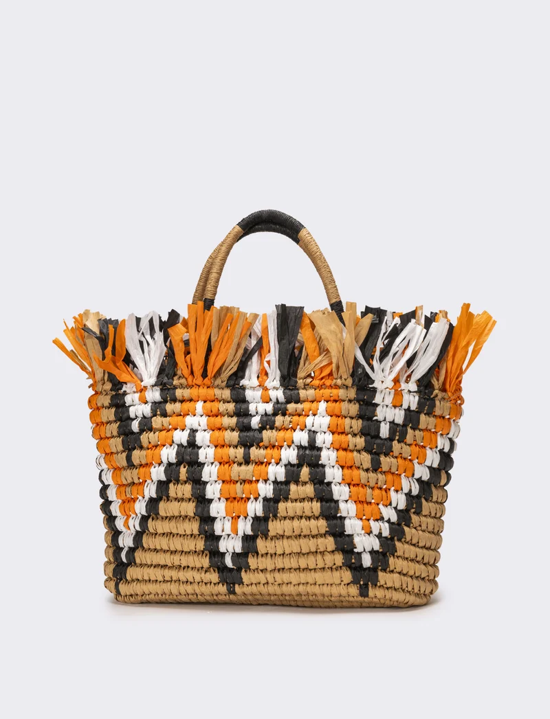 Shopper donna zig zag con frange in raffia - Arancio