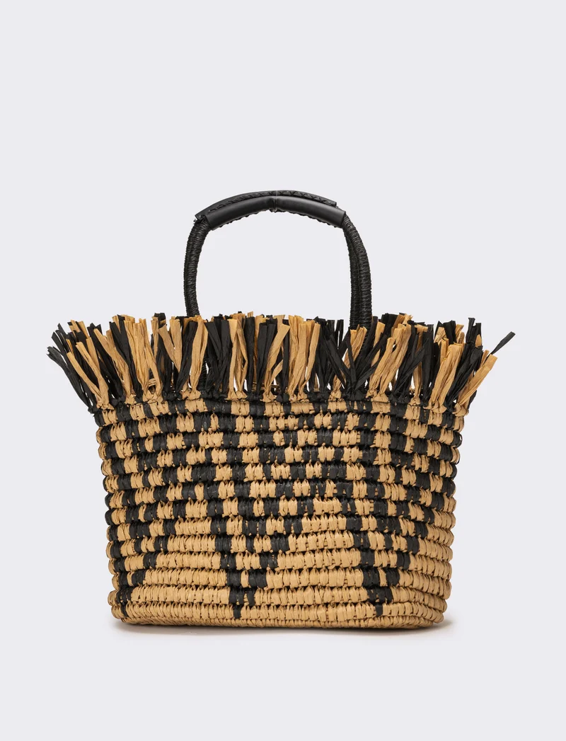Shopper donna zig zag con frange in raffia - Nero