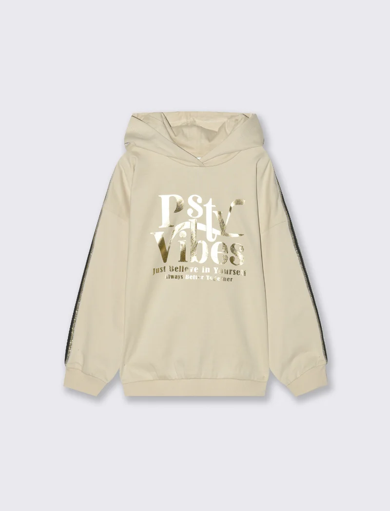 Felpa con nastro a righe brillantinato e stampa lucida - Beige