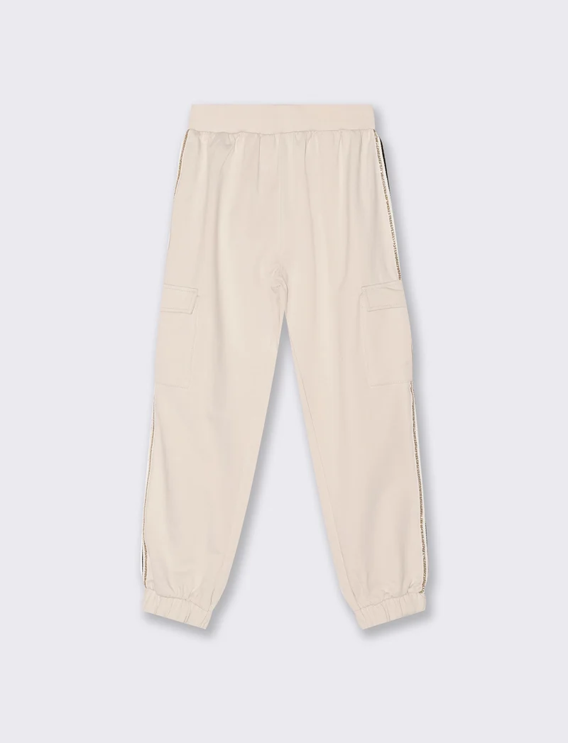 Jogger cargo con nastro a righe brillantinate. - Beige