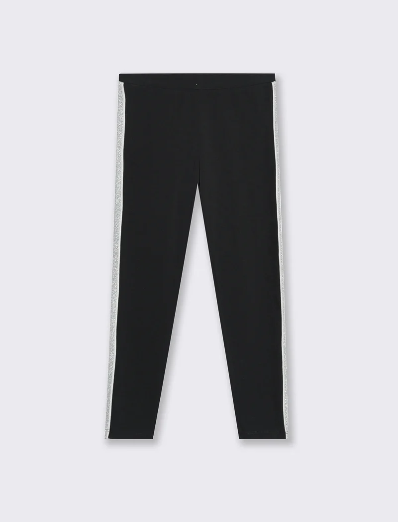 Leggings in cotone elasticizzato con banda laterale. - Nero
