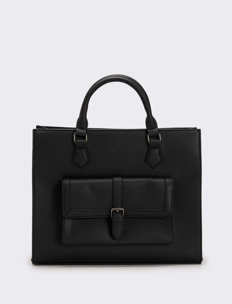 Borsa con tasca grande e tracolla in saffiano donna - Nero