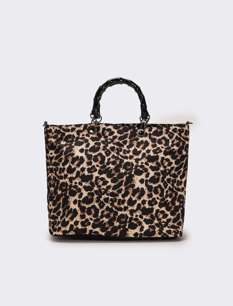 Borsa shopping nylon donna con manici bamboo - Leopardato