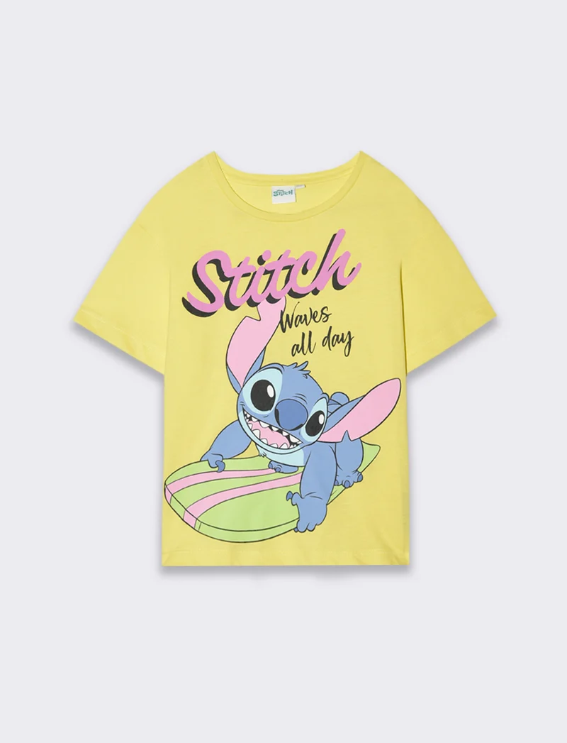 T-shirt mezza manica con stampa Stitch da bambina - Giallo