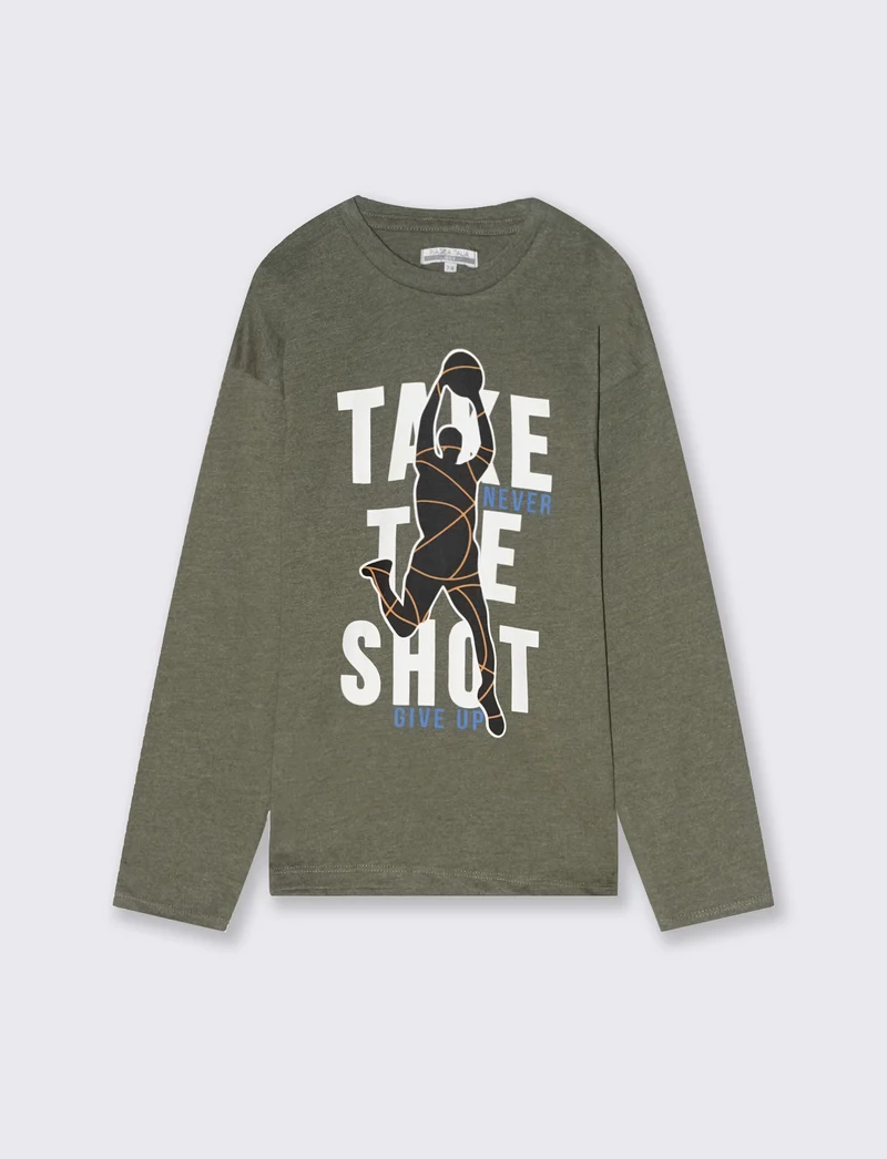 T-shirt in jersey fiammato con stampa. - Verde militare
