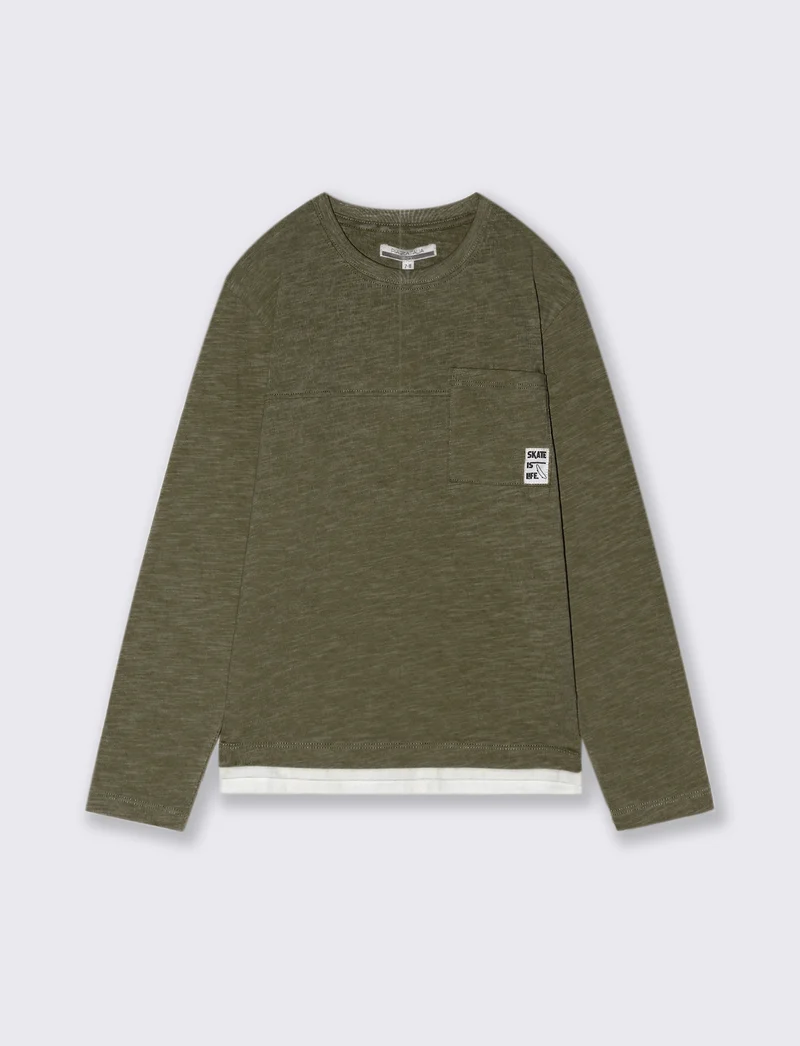 MAGLIETTA IN COTONE SLUB CON TASCHINO - Verde militare