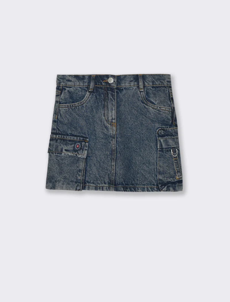 Gonna da bambina in denim con tasconi laterali. - Denim