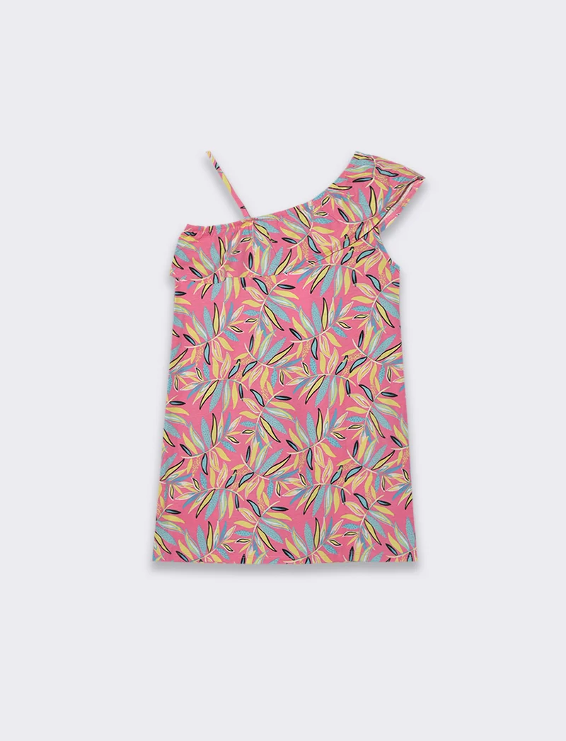 Abito monospalla stampato da bambina - Fuxia