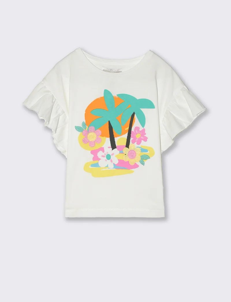 T-shirt estiva con stampa e ricamo da bambina - Bianco