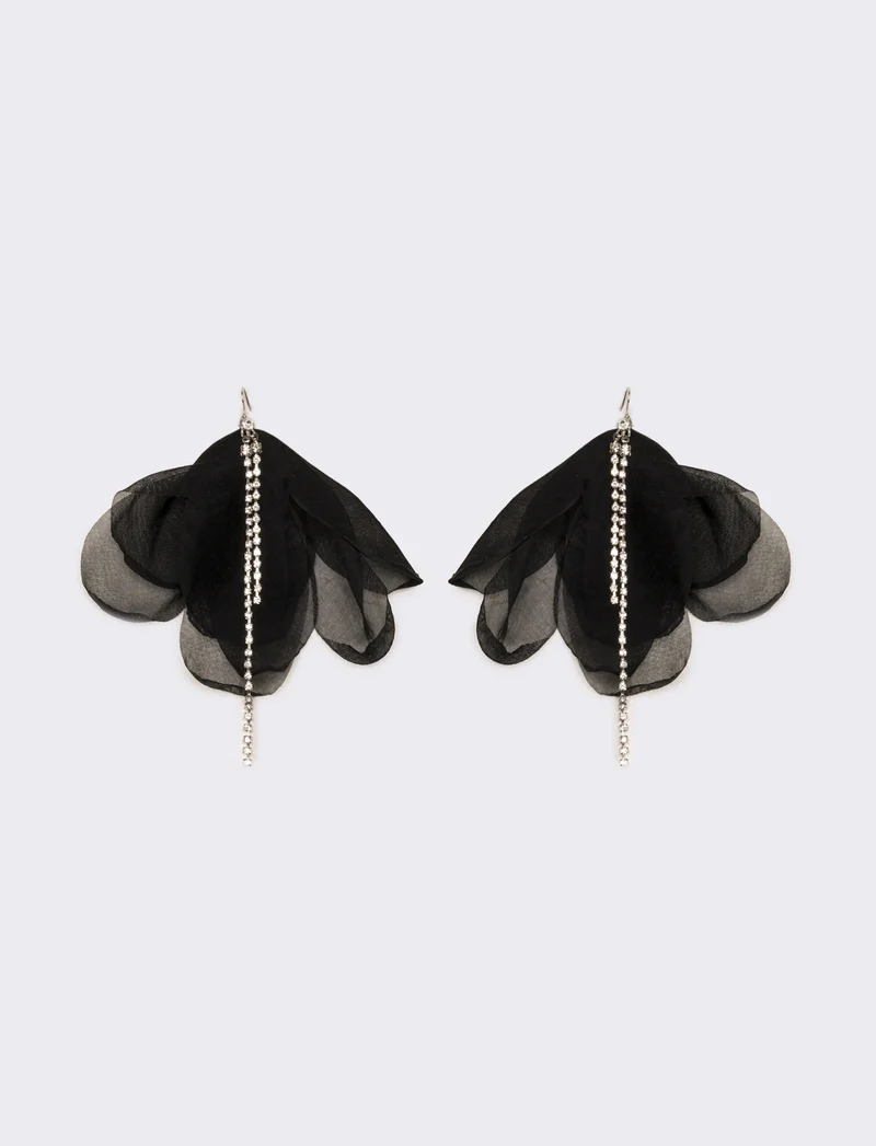 Orecchini donna fiore in tessuto con strass - Nero