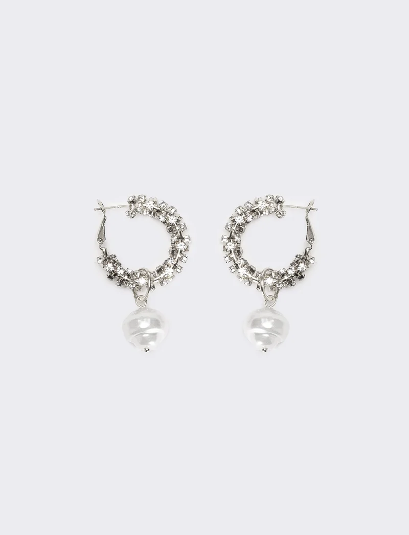 Orecchini donna cerchi con strass pendente perla - Argento