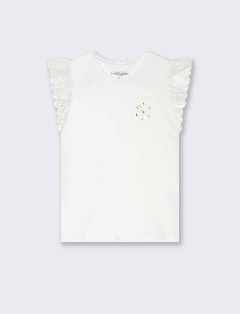 T-shirt da bambina con volant in sangallo - Bianco