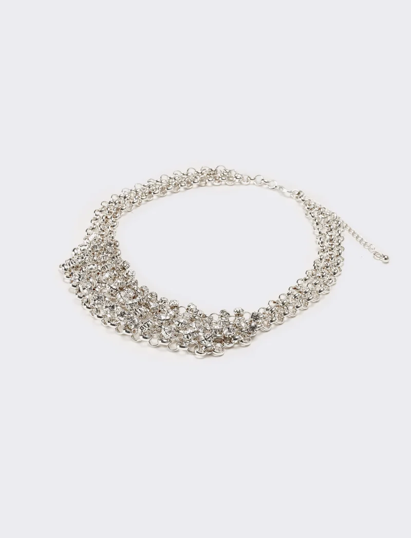 Collana donna con strass e maglia metallica - Argento
