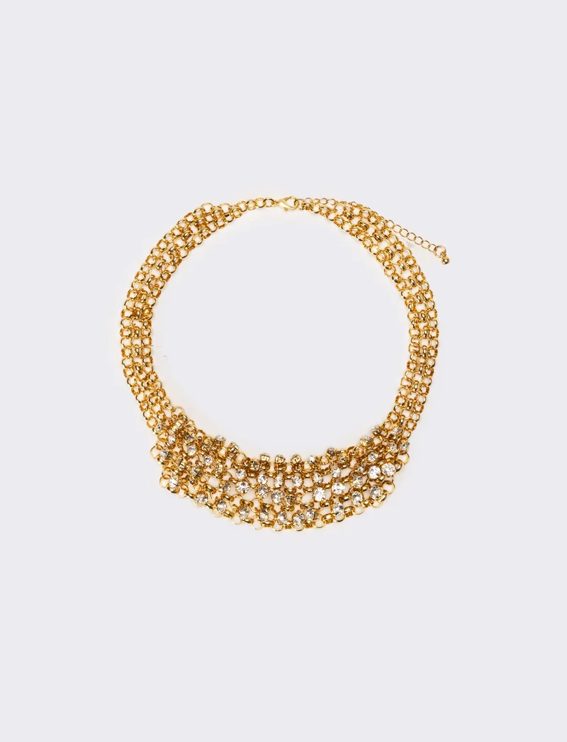 Collana donna con strass e maglia metallica - Oro