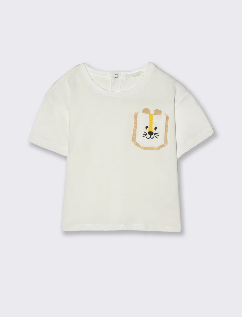 Maglietta taschino leone da neonato - Bianco latte