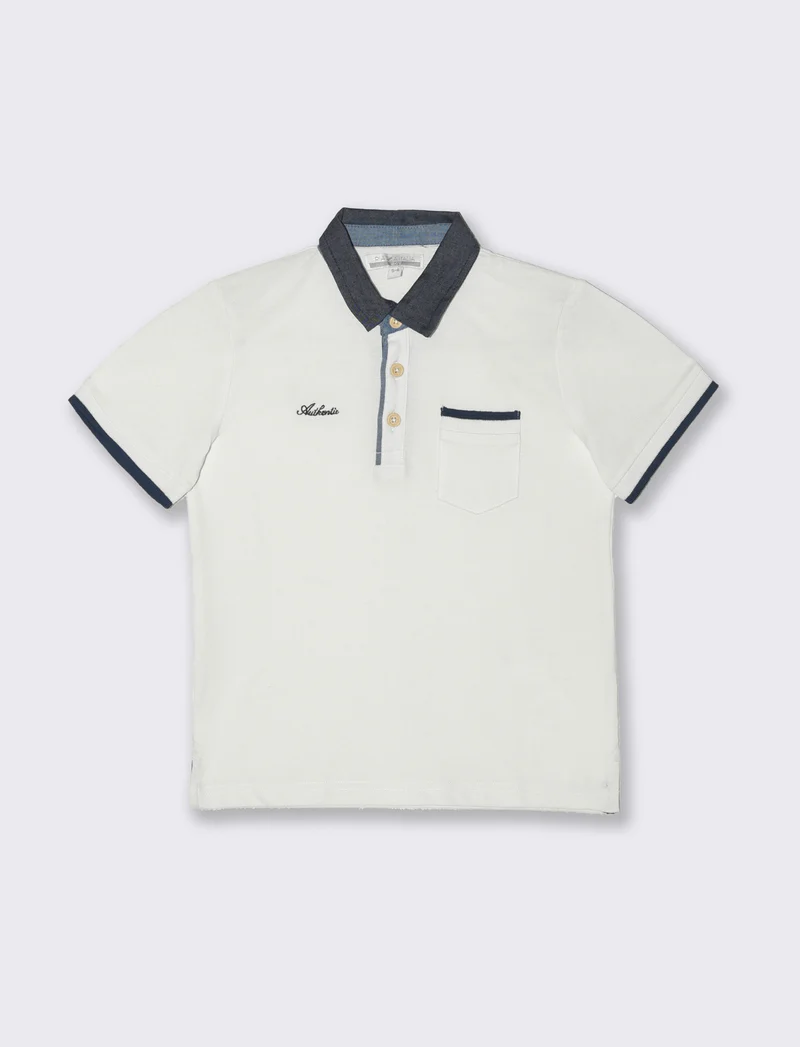Polo in piquet collo chambray da bambino - Bianco