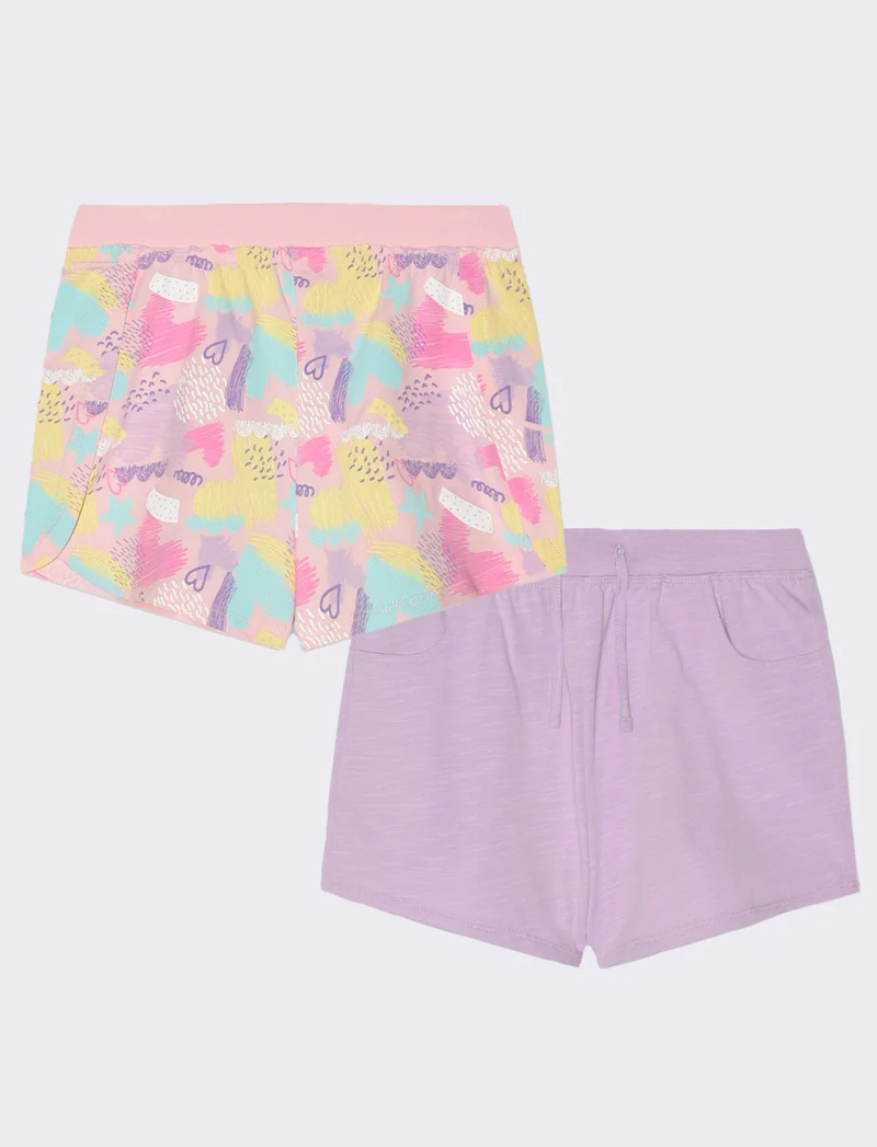 Set 2 pezzi shorts in cotone elastico da bambina - Lilla