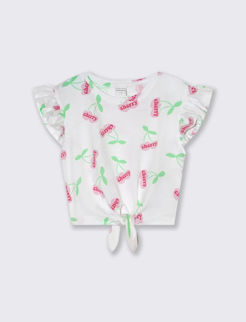 T-shirt stampata con nodo al fondo da bambina - Bianco