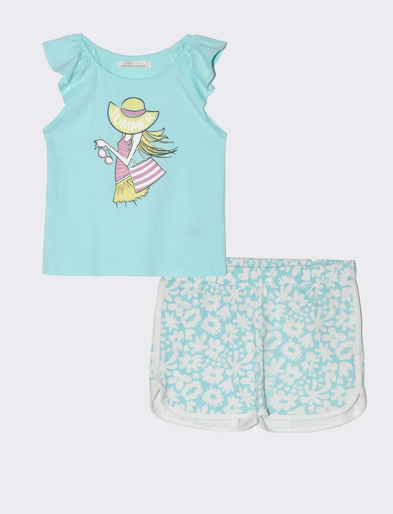 Set 2 pezzi canotta e short da bambina - Verde acqua