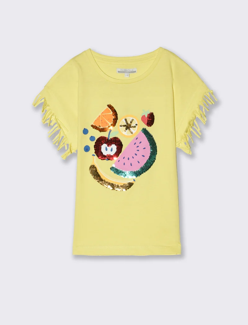 T-shirt con stampa e paillettes da bambina - Giallo limone