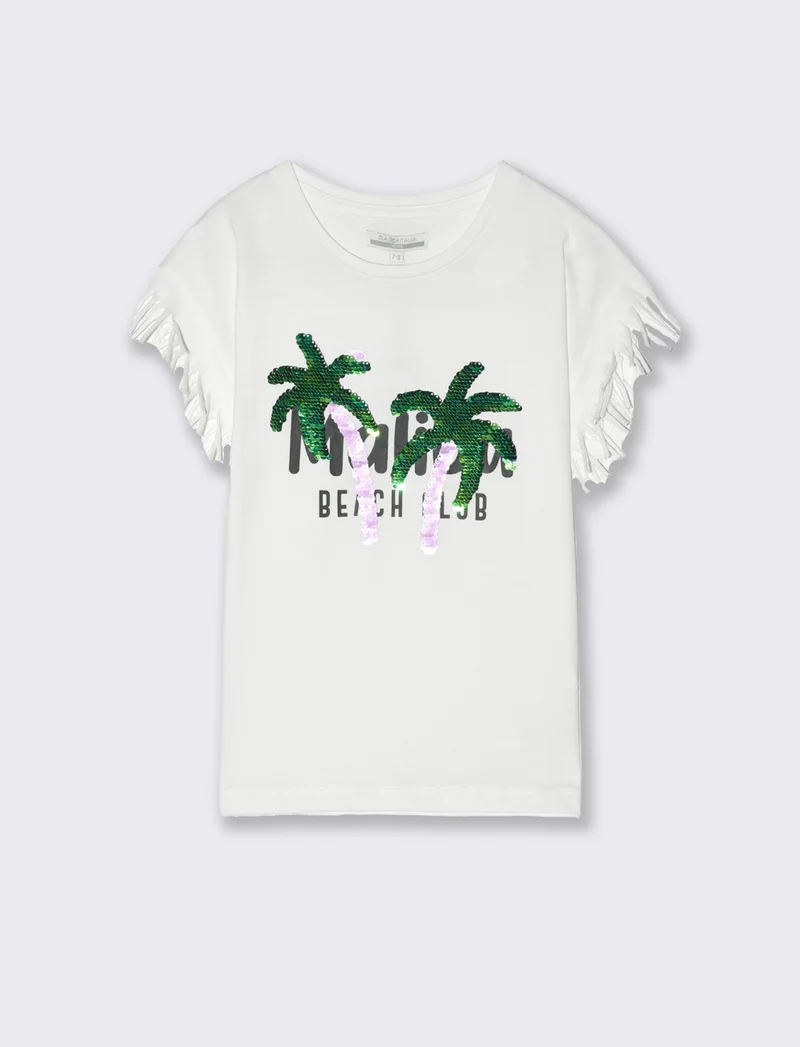 T-shirt con stampa e paillettes da bambina - Bianco