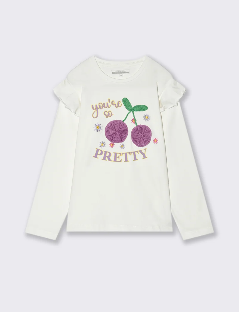 Maglietta manica lunga con applicazione da bambina - Bianco latte