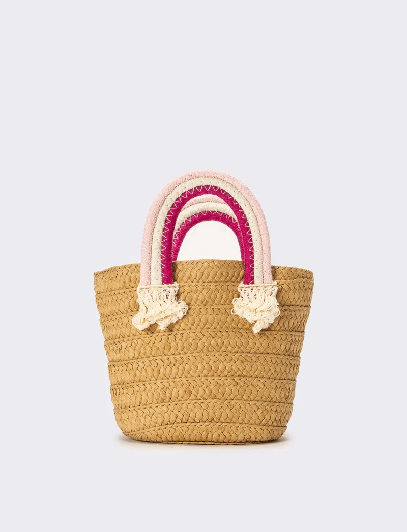 Borsa bambina paglia manico rainbow - Bianco