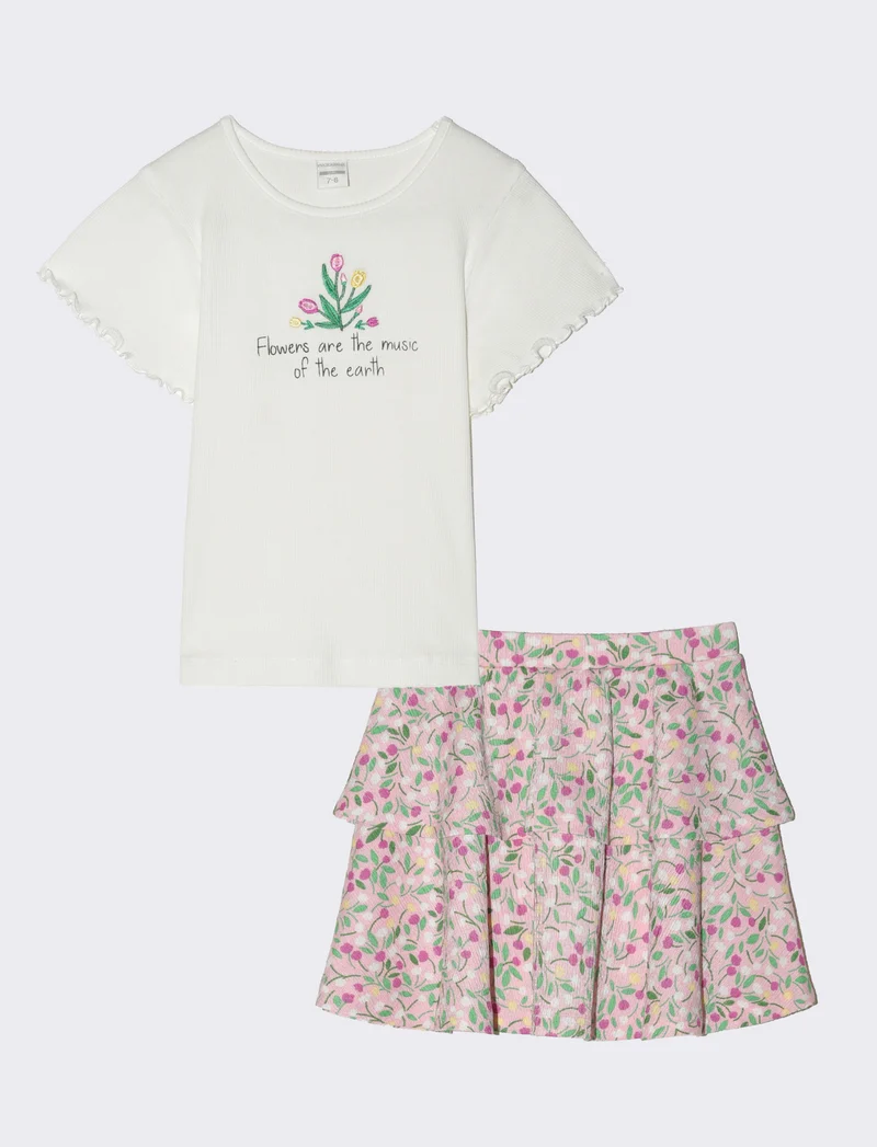 Completo top e gonnellina a balze da bambina - Bianco-rosa