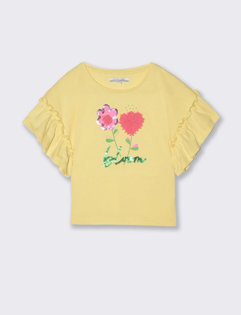 T-shirt con maniche a balze da bambina - Giallo