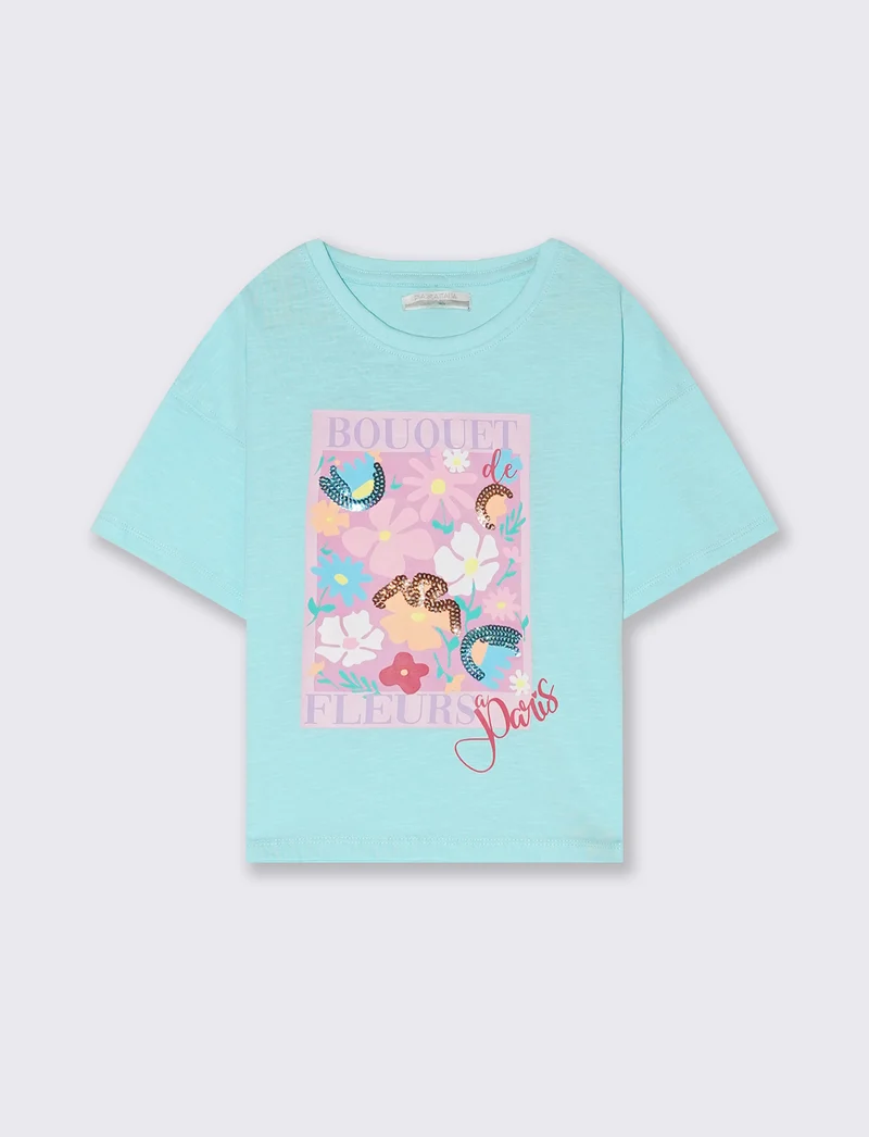 T-shirt mezza manica paillettes. da bambina - Verde acqua