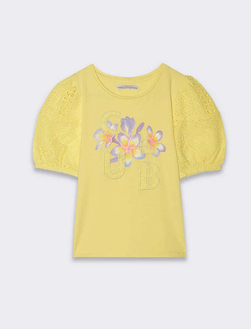 T-shirt con maniche in sangallo da bambina - Giallo